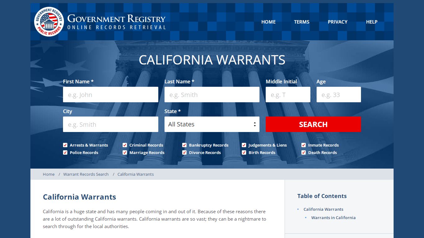 California Warrant Search - GovernmentRegistry.Org